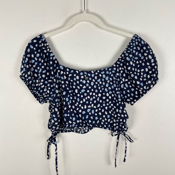 Roxy Dear Amor Dot Print Crop Top Blue White Size S Puff Sleeve Squareneck - Picture 7 of 10